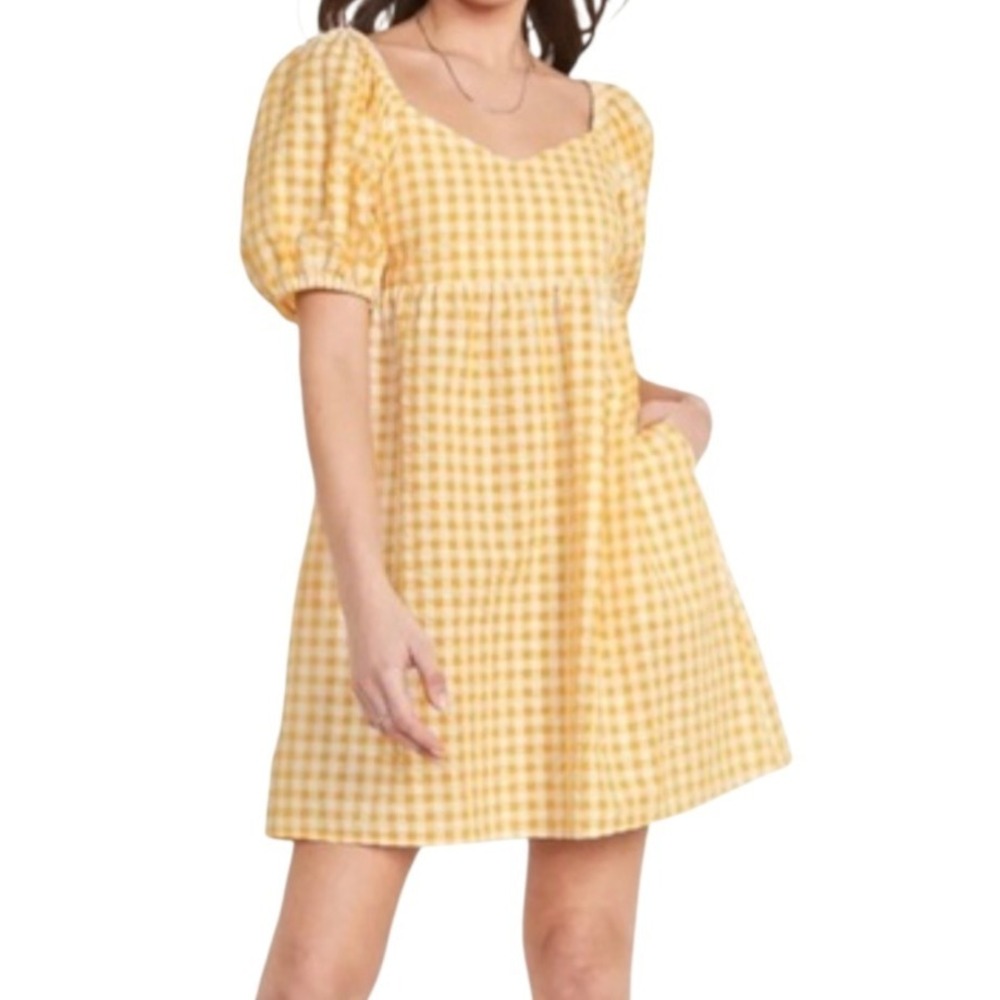 Old Navy Womens Gingham Puff Sleeve Seersucker Babydoll Mini Dress SZ‎ L Picnic